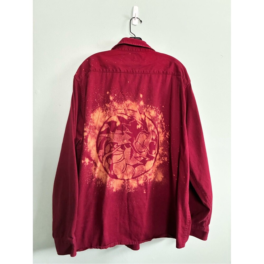 Upcycled Bleached Pokémon Shiny Gyrados Men's Sz 2XL Maroon Twill Button Up